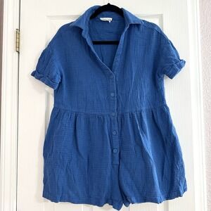 First Love Blue Short Sleeve Button Up Romper 100% Cotton Gauze Oversized Wms Sm